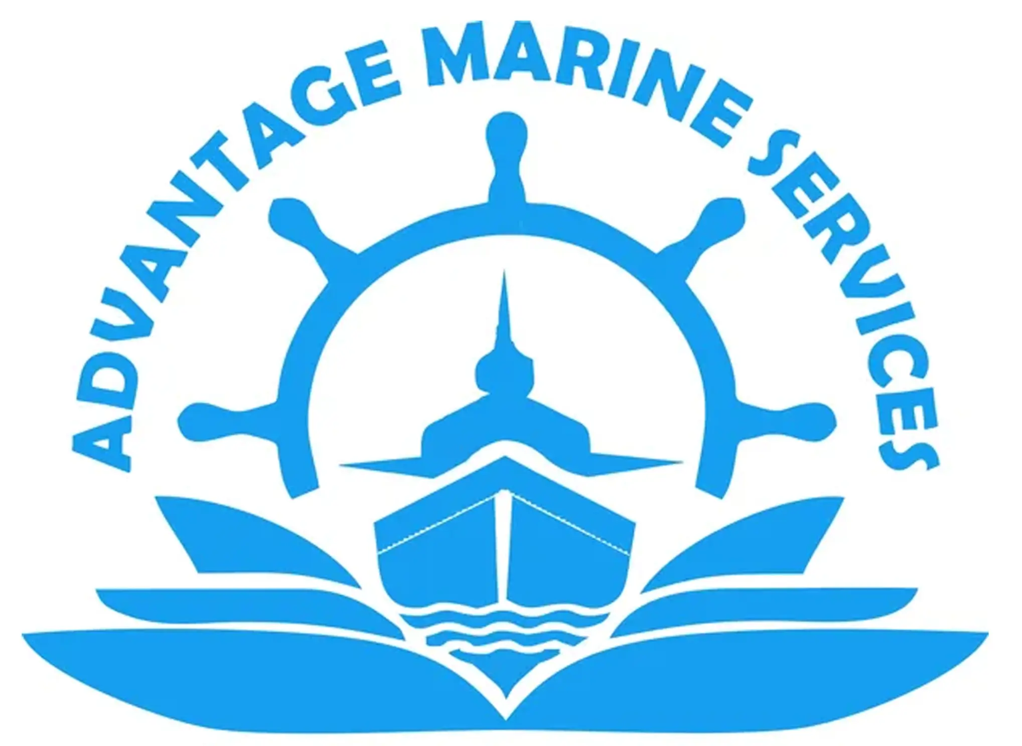 Advantage Marine Services, LLC logo featuring a ship, nautical wheel, and ocean waves